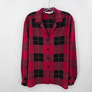 Gloria Vanderbilt Vintage Red Black Plaid Button‎ Down Blouse Top Womens Size 10